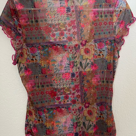 Pink Multi Floral Scoop Neck Sheer Mesh Patchwork Top - Picture 4 of 4